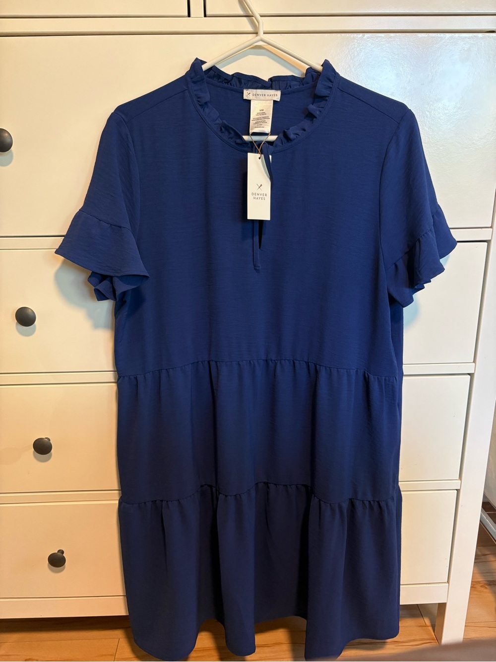Denver Hayes Blue Ruffle Neck Babydoll Dress